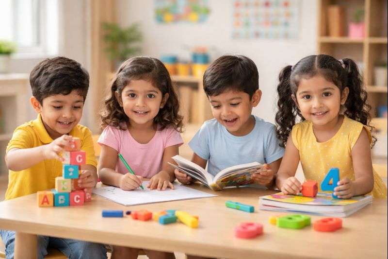 Happy preschool children learning together in classroom with books and blocks, top school admission open near me, best school for early education